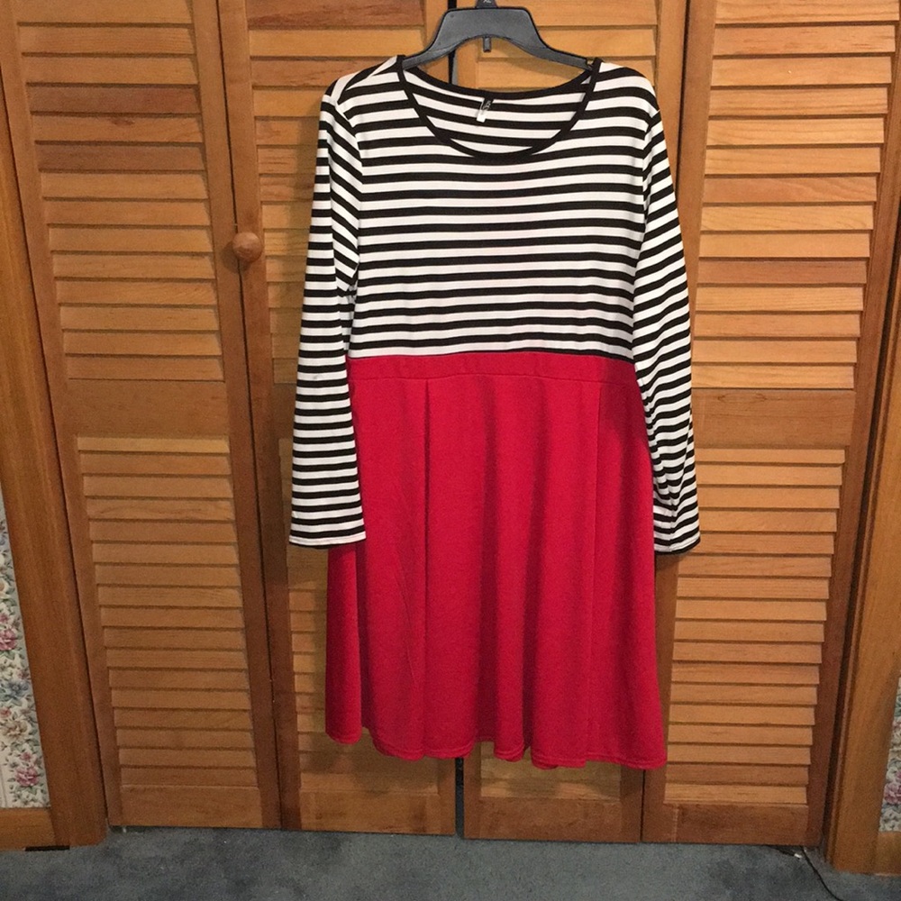 Red, black and white striped long sleeve dress!